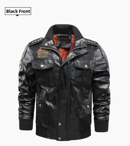 Men's black PU leather flight jacket featuring military patches and orange lining