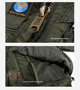 Détail de veste tactique vert militaire avec fermeture éclair en laiton et poche cargo