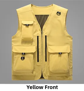 Detailed front view of a yellow multi-pocket utility vest with mesh lining and D-rings