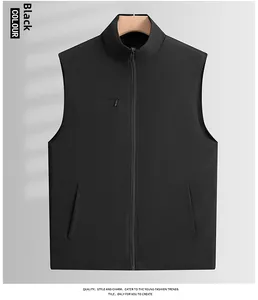 Detail of men's black outdoor vest featuring a stand collar and secure zipper pockets