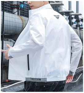 Close-up of white sun protection jacket with BUILT FREE print and industrial stand collar