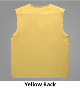 Detailed back view of yellow multi-pocket utility vest with breathable mesh texture