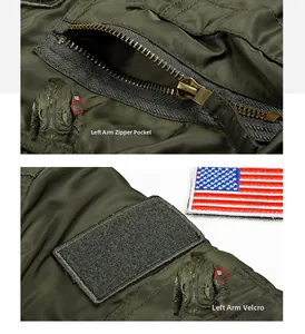Détail du blouson aviateur vert armée avec poche de manche et zone de velcro