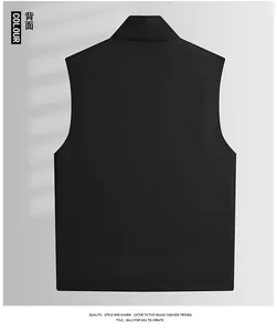 Rear view of black stand collar vest showing smooth fabric and neat sleeve edging detail