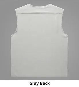 Rear view of grey multi-pocket utility vest showing detailed texture and stitching