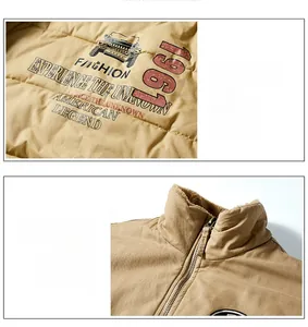 Detailed views of khaki winter bomber jacket featuring vintage chest prints and fleece collar