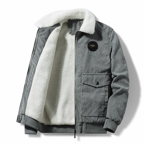 Herren Cordjacke mit dickem Sherpa-Futter und Reißverschluss in Graugrün
