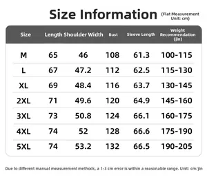 Size chart for waffle jacket showing measurements in cm from sizes M to 5XL for men