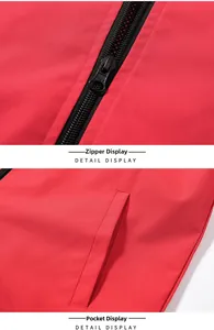 Detail display of red outdoor vest featuring metal zipper and slanted side pockets