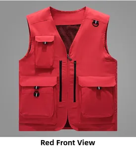 Detailed front view of a red multi-pocket vest with V-neck and breathable mesh lining
