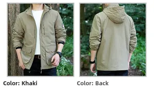Vorder- und Rückansicht der khakifarbenen Outdoor-Kapuzenjacke mit Multi-Pocket-Design