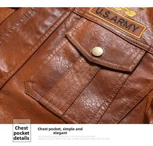Detail of brown PU leather jacket featuring a chest flap pocket with U.S. ARMY embroidery
