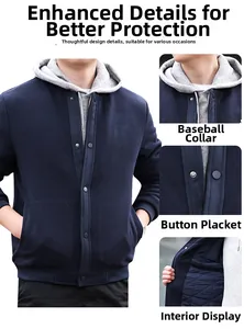 Detail view of navy waffle jacket featuring warm quilted lining and grey hooded layer