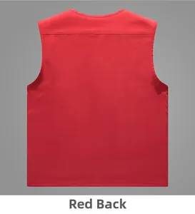 Rear view of red multi-pocket casual utility vest showing stitching details