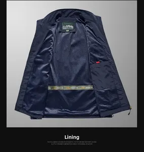 Detail of navy blue vest interior featuring breathable honeycomb mesh and woven tape