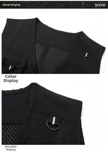 Detail of V-neck design and breathable mesh back on black outdoor utility vest