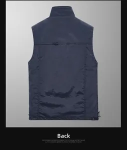 Back view of a navy blue outdoor vest featuring a stand collar and adjustable hem cord