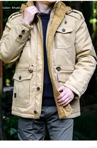 Detailed view of khaki winter parka with utility pockets and military shoulder straps