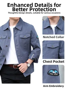 Details der grau-blauen Denim-Jacke mit Umlegekragen, Brusttasche und Adler-Armabzeichen