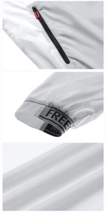 Detail of thin sun-protective jacket showing zippered pocket and elastic cuffs with text