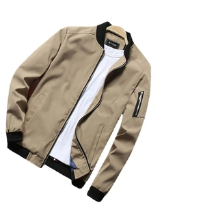 Classic khaki bomber jacket for men with black ribbed cuffs and utility arm pocket