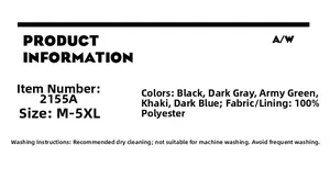 Detailed size chart and material specs for men's fleece outdoor jacket, 100% polyester