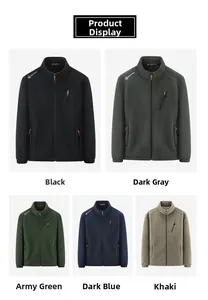 Detail view of multicolored men's fleece jackets with orange zipper pulls and logo