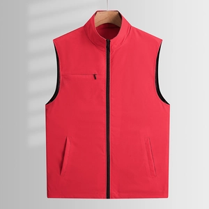 Men's casual red stand collar outdoor vest with multiple zipper pockets for spring