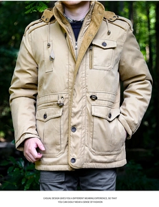 Detail of khaki men's winter jacket featuring multi-pocket design and corduroy fleece collar