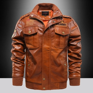 Giacca da Uomo in Ecopelle PU Militare Workwear Collo Alto Retro Bomber Cappotto Con Tasche Multiple Per Autunno Uomo