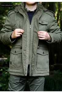 Detail of Army Green tactical jacket with warm fleece lining and multi-pocket design