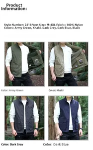 Detail view of multi-pocket outdoor vest in nylon fabric showing various color options