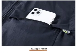 Detail of cargo vest zipper pocket showing storage capacity with a white smartphone