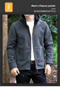 Detail of dark grey men's hooded fleece jacket featuring full zip and orange piping details