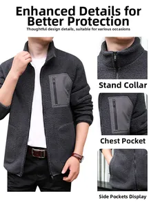 Detail view of grey fleece jacket featuring stand collar, zip pocket, and warm texture