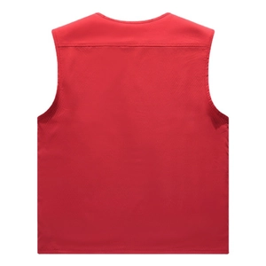 Back view of a multi-pocket casual utility vest in vibrant red breathable fabric