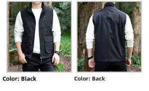 Front and back detail of a black tactical outdoor vest with multi-pockets and zipper