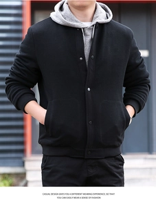 Detailed close-up of waffle-textured men's black casual jacket with metal snap buttons