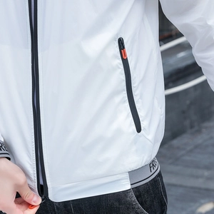 Men's white sun protection jacket with black zipper and FREE elastic hem detail