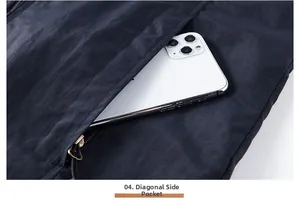 Detail of cargo vest showing deep zippered side pocket holding a smartphone for scale