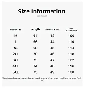 Detailed size chart for multi-pocket utility vest showing dimensions from M to 5XL