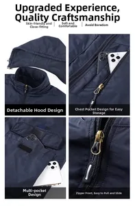 Detail view of navy blue windbreaker with detachable hood and functional pockets