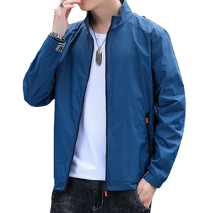 Men's thin ice silk sun protection jacket in navy blue with high collar and orange zippers