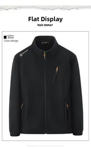 Close-up of black fleece jacket featuring zipped pockets and white shoulder logo