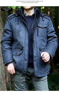 Detail of navy blue hooded winter jacket with utility flap pockets and standing collar
