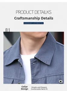 Detailansicht des Umlegekragens und der Metallknöpfe einer grauen Denim-Jacke