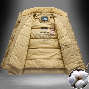 Men's khaki winter bomber jacket with warm fleece collar and quilted embroidery lining