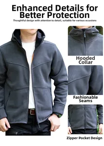 Detailed views of dark grey fleece hoodie featuring windproof cuffs and hidden zip pockets