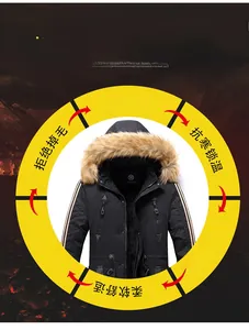Dettaglio di un parka invernale da uomo con collo in pelliccia marrone e tasche a zip