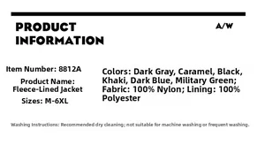 Detailed material composition and washing guide for the fleece jacket showing nylon fabric